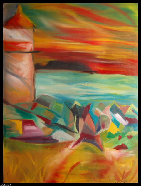 Lighthouse of Maine oil on linen expressionist artwork by the Maine artist D. Loren Champlin